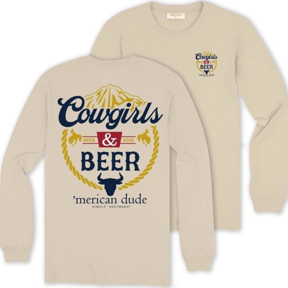 Simply Southern Men’s Long Sleeve T-shirt  Med Tan Cowgirls & Beer Merican Dude
